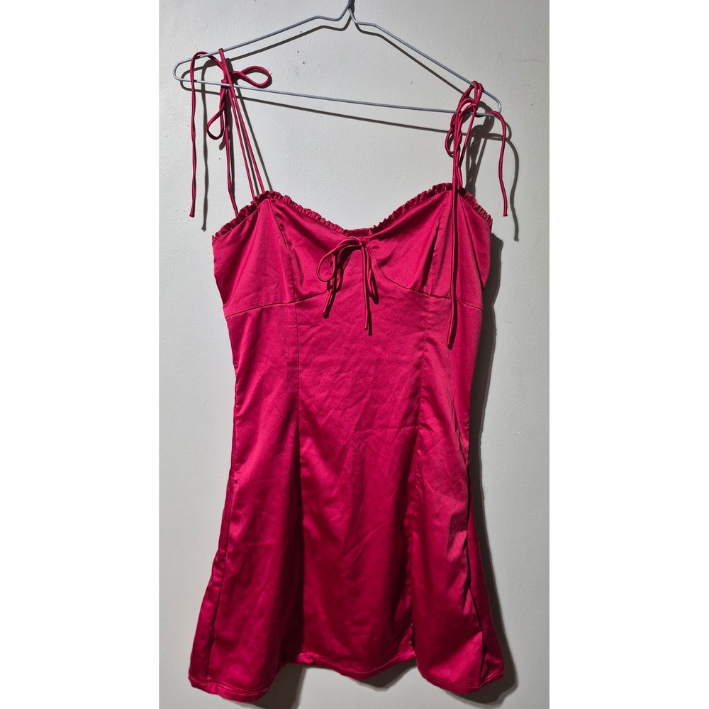 Leche Red Satin Tie Shoulder Ruffle Mini Dress Womens Large Sweetheart Neck